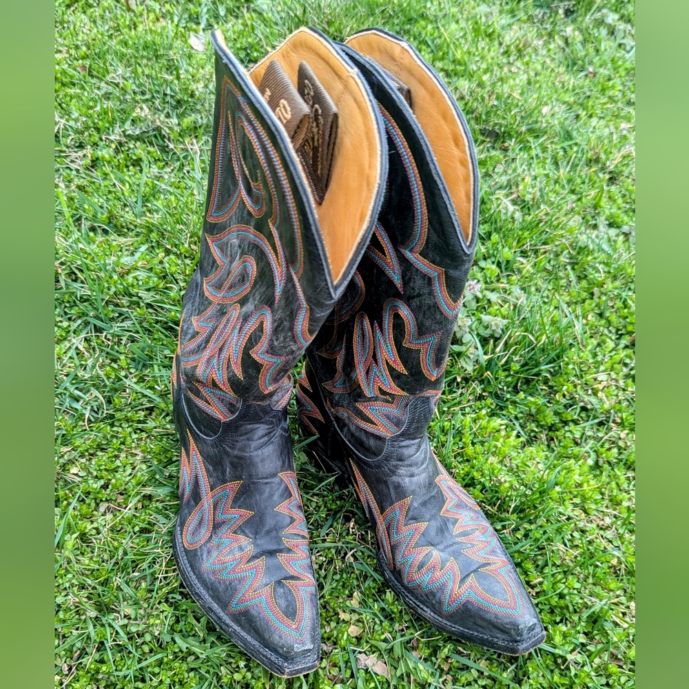 Black Old Gringo Lauren Women's Sz 8 B Embroidered Leather Cowboy Mid Calf Boots